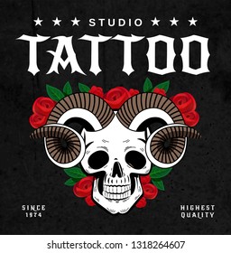 Horns tattoo salon design poster with horned skull and roses sketch on black background with text vector illustration