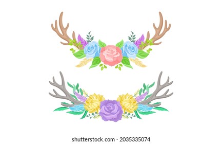 Horns with wreath of flowers set. Deer antlers with spring flowers cartoon vector illustration