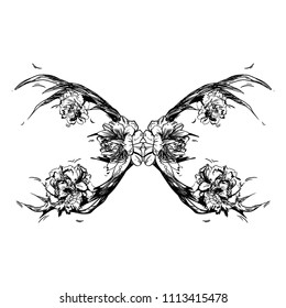 Horns of young deer on which peonies are planted. Vector Illustration. Create a tattoo, a symbol of mystical magic for your use.