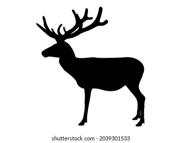 Horny deer black silhouette isolated on white background. Dark contour drawing of stand big horned reindeer icon. Outline graphic Elk with antlers symbol side view, vector design eps 10