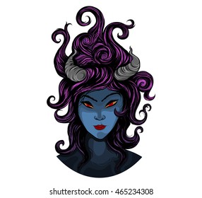 Horny devil woman hand draw vector cartoon scene on a white background