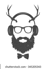 Horny man with beard wearing glasses and headphones