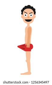 Horny Naked Man With Erection - Male Is Covering Erected Penis Under Underwear And Underpants. Vector Illustration, Comics Style