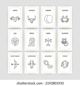 Horoscope 12 Zodiac Cards. Vector Illustration of Mini Paper Templates.