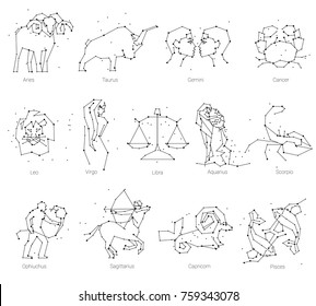 Horoscope, all Zodiac animals in constellation forms with line and stars. Collection of zodiac signs, thirteen of black elements, stars and constellations set. Zodiac animals constellation