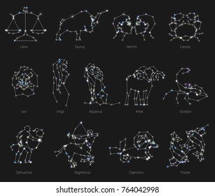 Horoscope, all Zodiac animals in constellation forms with line and stars. Collection of zodiac signs, thirteen of white elements, stars and constellations set. Zodiac animals constellation on deep sky