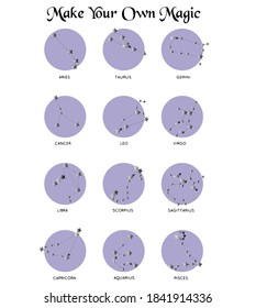 Horoscope, all Zodiac signs in constellation style with line and stars on white background. Collection of zodiac symbols, thirteen of white elements, stars constellations set.