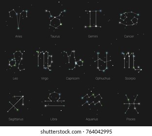 Horoscope, all Zodiac signs in constellation style with line and stars on black sky. Collection of zodiac symbols, thirteen of white elements, stars constellations set.