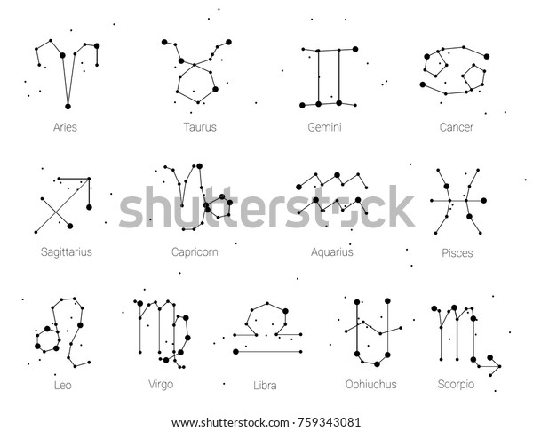 Horoscope, all Zodiac\
signs in constellation style with line and stars on white\
background. Collection of zodiac symbols, thirteen of white\
elements, stars constellations\
set.
