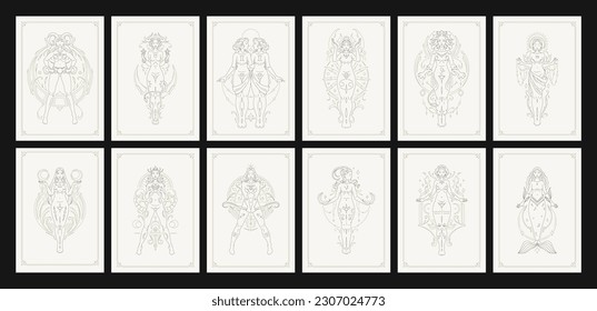 Horoscope antique female zodiac symbol goddess line art deco poster design set vector illustration. Astrological woman character mythology esoteric celestial constellation magic star ornament