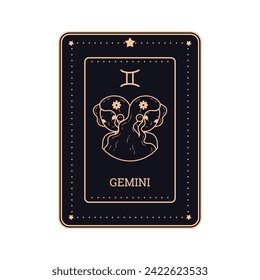 Horoscope astrological black card in line art style with Gemini zodiac symbol and sign golden contour. Vector design zodiac symbol Gemini as two beautiful girls, same women portrait silhouette