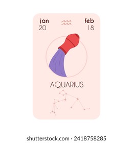 Horoscope Astrology Aquarius zodiac card with constellation, birth date, sign and symbol. Aquarius zodiac symbol as a water pours from a jug. Flat Horoscope beige colors design vector illustration