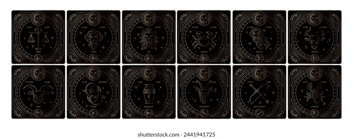 Horoscope astrology horoscope cards linocut silhouettes design vector illustrations set. Elegant symbols and icons of esoteric horoscope templates for wall print poster isolated on white background.