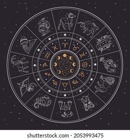 Horoscope astrology circle with zodiac signs and constellations. Gemini, cancer, lion, mystic zodiacal sign collection vector illustration. Calendar with different moon phases in night sky