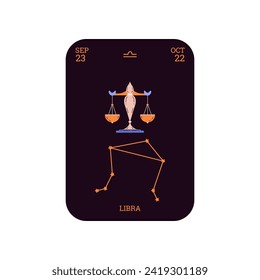 Horoscope Astrology Libra zodiac card with constellation, birth date, sign and symbol. Flat Horoscope design. Vector illustration of zodiac icon balance weigher, scales on black card