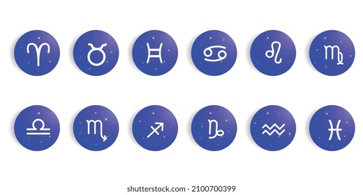 Horoscope astrology line stylized symbol set. Set and collection of zodiac signs in blue circles.