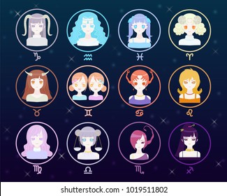 Horoscope Astrology Signs Set Anime Girl Style
