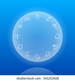 Horoscope - astrology sings of the zodiac and their names - floating sphere on blue background.
