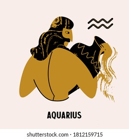 Horoscope and astrology. The zodiac sign Aquarius. Black and gold. Vector illustration in a flat style.