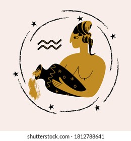 Horoscope and astrology. The zodiac sign Aquarius. Black and gold. Vector illustration in a flat style.