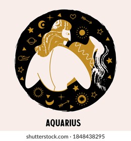Horoscope and astrology. The zodiac sign Aquarius. Black and gold. Vector illustration in a flat style.
