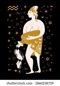 Horoscope and astrology. The zodiac sign Aquarius. Black and gold. Vector illustration in a flat style.