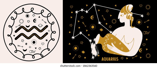 Horoscope and astrology. The zodiac sign Aquarius. Black and gold. Vector illustration in a flat style.