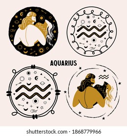 Horoscope and astrology. The zodiac sign Aquarius. Black and gold. Vector illustration in a flat style.