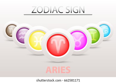 Horoscope astrology zodiac sign symbol of Aries on sequence with 3d simple white button paper and shadow drop in graphic design icon vector