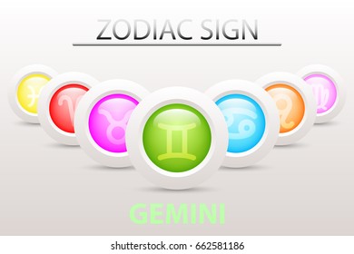 Horoscope astrology zodiac sign symbol of Gemini on sequence with 3d simple white button paper and shadow drop in graphic design icon vector