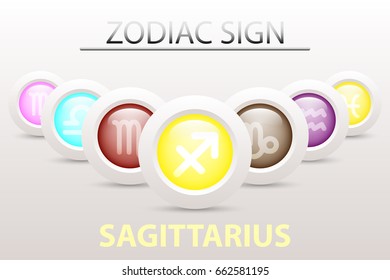 Horoscope astrology zodiac sign symbol of Sagittarius on sequence with 3d simple white button paper and shadow drop in graphic design icon vector
