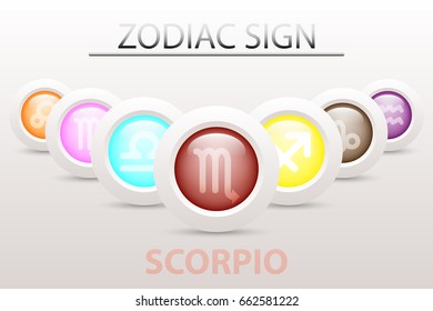 Horoscope astrology zodiac sign symbol of Scorpio on sequence with 3d simple white button paper and shadow drop in graphic design icon vector
