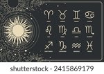 Horoscope banner with 12 zodiac sign symbols on mystical black background with sun, mystical poster, magic cover. Vector illustration.