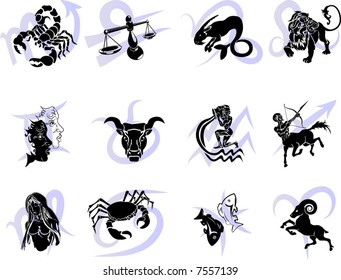 Horoscope Birth Zodiac Star signs.  Illustrations of the twelve Horoscope Zodiac Star signs