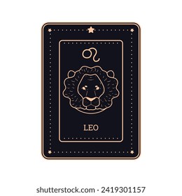 Horoscope black card in line art style with Lion zodiac symbol and sign golden contour. Vector design Horoscope Lion astrological zodiac symbol as a Leo head with mane silhouette