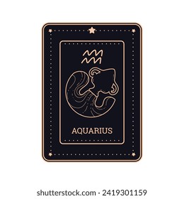 Horoscope black card in line art style with Aquarius zodiac symbol and sign golden contour. Vector design Horoscope Aquarius astrological zodiac symbol as a water pours from a jug silhouette