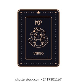 Horoskop schwarze Karte im Art Stil mit Virgo Zodiac Symbol und Zeichen. Virgo Astrologisches Symbol als schöne Mädchen goldene Kontur. Astrologie Horoskop zodiac Design Vektorgrafik