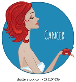 Horoscope Cancer sign, girl head, vector illustration