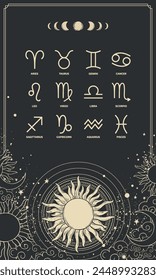 Horoscope card with 12 zodiac sign symbols on mystical black background with sun, mystical poster, magic cover. Vector illustration.