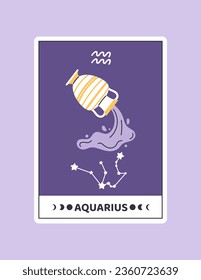 Horoscope card with Aquarius concept. Astrological zodiac sign with water bearer. Astrology and esoterics. Template, layout and mock up. Cartoon flat vector illustration isolated on violet background