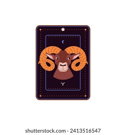 Horoscope card with Aries zodiac sign and symbol. Astrological zodiac symbol as a ram head icon on black card. Flat design Aries Horoscope vector illustration