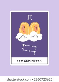Horoscope card with Gemini concept. Astrological zodiac sign with twins. Celestial calendar. Template, layout and mock up. Cartoon flat vector illustration isolated on violet background