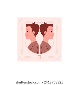Horoscope card with Gemini zodiac symbol and sign. Astrological zodiac Gemini symbol as two boys. Flat Horoscope beige colors design square shape vector illustration
