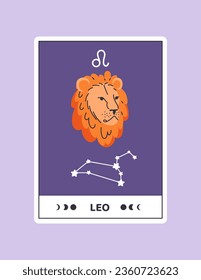 Horoscope card with Leo concept. Astrological zodiac sign with lion. Astrology and esoterics. Prediction of fortune. Cartoon flat vector illustration isolated on violet background