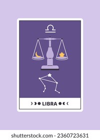 Horoscope card with Libra concept. Astrological zodiac sign with scales. Constellation and birth. Poster or banner for website. Cartoon flat vector illustration isolated on violet background