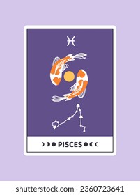 Horoscope card with Pisces concept. Astrological zodiac sign with fishes. Constellation of birth. Poster or banner. Cartoon flat vector illustration isolated on violet background