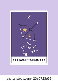 Tarjeta Horoscopio con concepto Sagittarius. Signo de zodiaco astrológico con arquero. Constelación y estrellas. Astrología y esotérica. Dibujo vectorial plano de caricatura aislado en fondo violeta