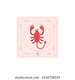 Horoscope card with Scorpio zodiac symbol and sign. Astrological zodiac scorpion insect icon. Flat Horoscope beige colors design square shape vector color illustration