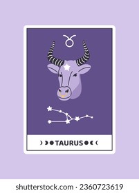 Horoscope card with Taurus concept. Astrological zodiac sign with bull. Esoterics and astrology. Poster or banner for website. Cartoon flat vector illustration isolated on violet background