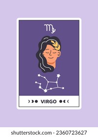 Horoscope card with Virgo concept. Astrological zodiac sign with virgin. Astrology and esoterics. Prediction of fortune. Cartoon flat vector illustration isolated on violet background